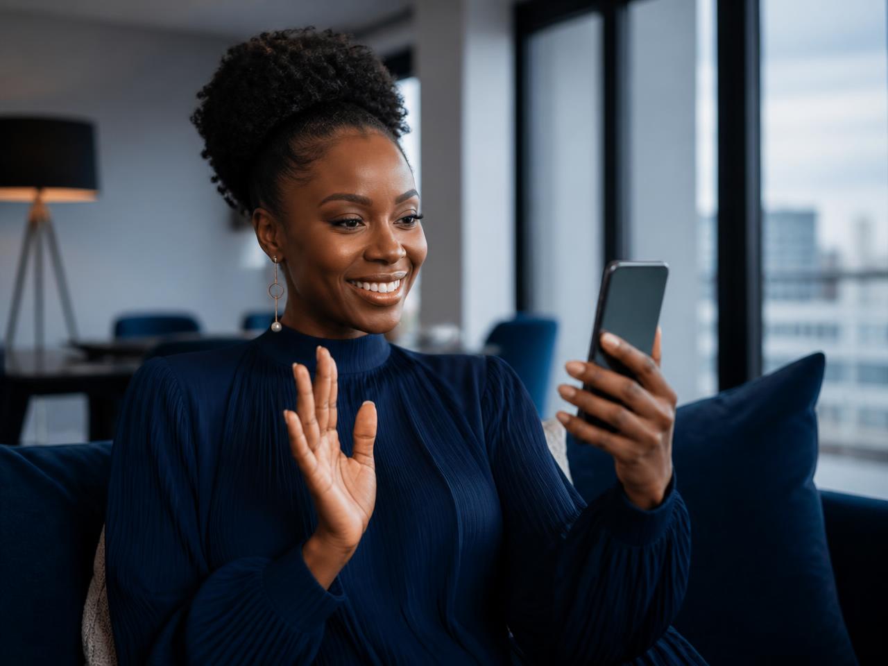 Femme de la diaspora en appel vidéo avec sa famille depuis l'Europe